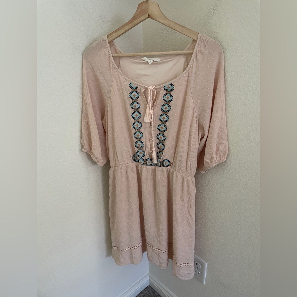 LUCKY BRAND Embroidered Tiered Dress tunic tassel boho ivory size L